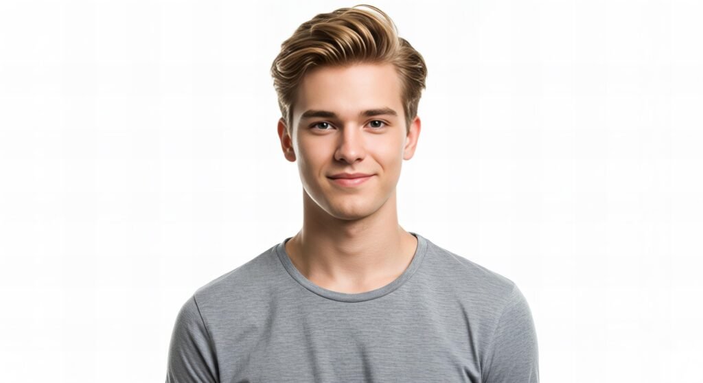 Happy Male Face Close Up Casual Gray Shirt Light Backdrop